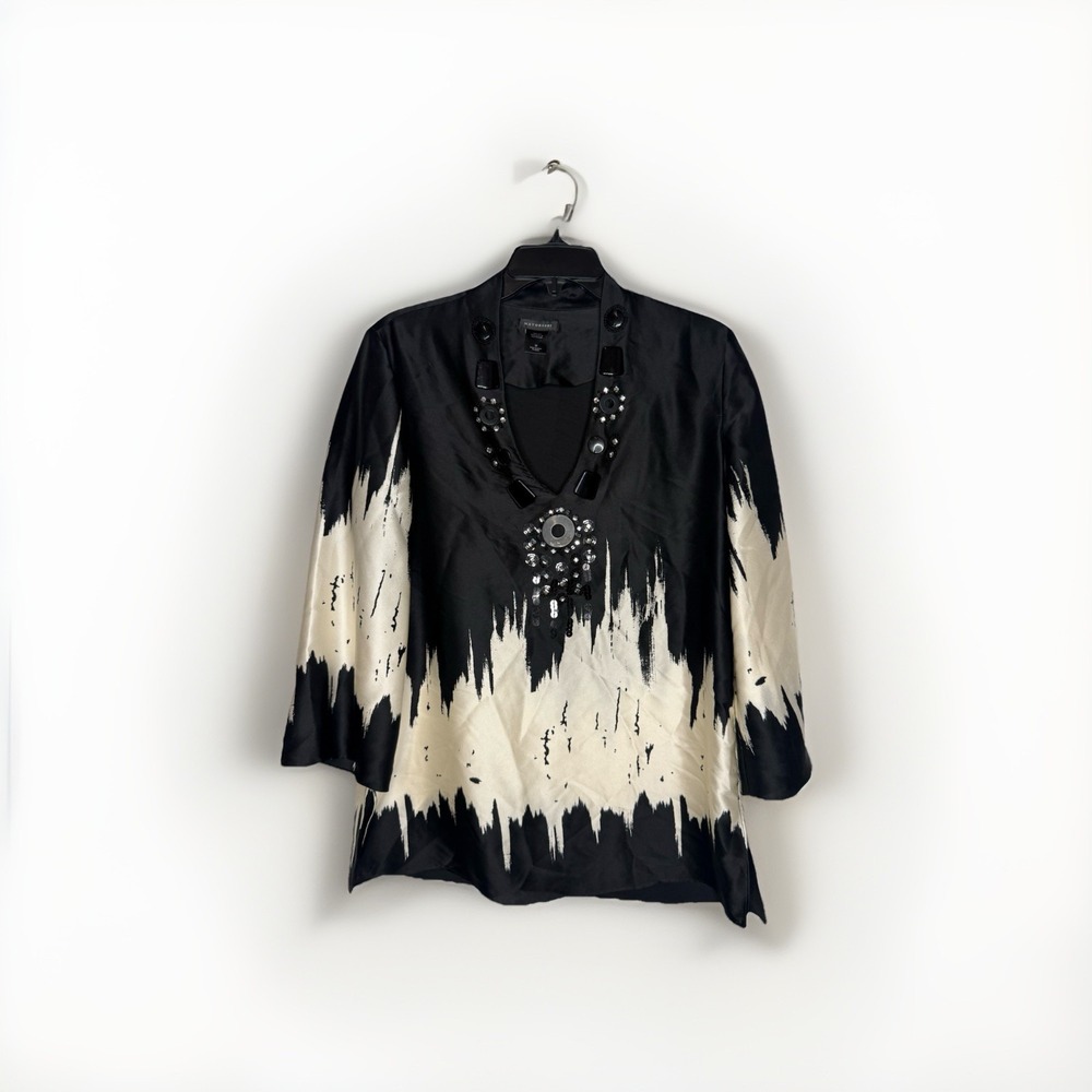 Natori Cream Black Mixed Print Silk Embellished Womens Size M Top Tunic Elegant